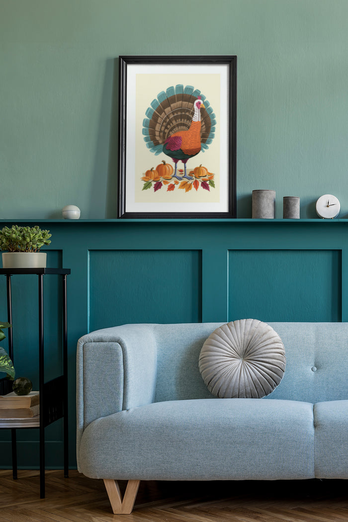 Thanksgiving turkey poster with autumn leaves and pumpkins hang above a modern blue sofa in stylish living room