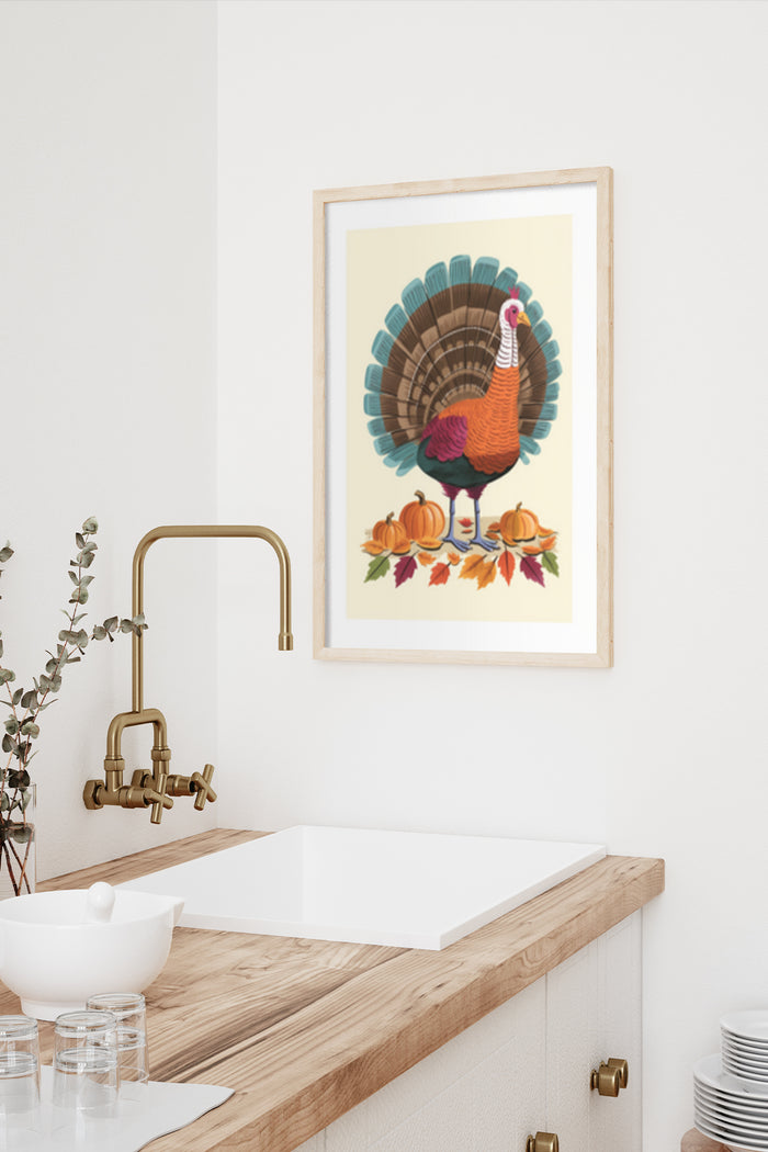 Vintage style Thanksgiving turkey poster with pumpkins and autumn leaves