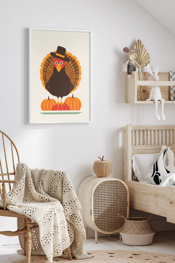 Thanksgiving Turkey Artwork with Pumpkins on Poster in Stylish Interior