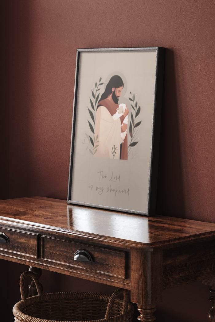Inspirational poster illustrating 'The Lord is my shepherd' displayed in a wooden frame on a side table