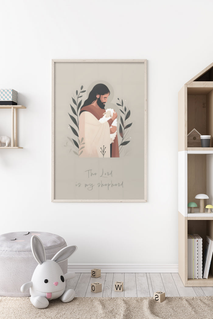 Illustrative poster with 'The Lord is my shepherd' biblical scripture in a cozy room setting