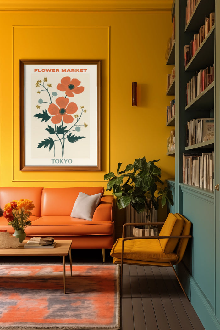 Colorful Tokyo Flower Market Poster in a Stylish Interior with Orange Sofa and Bookshelf