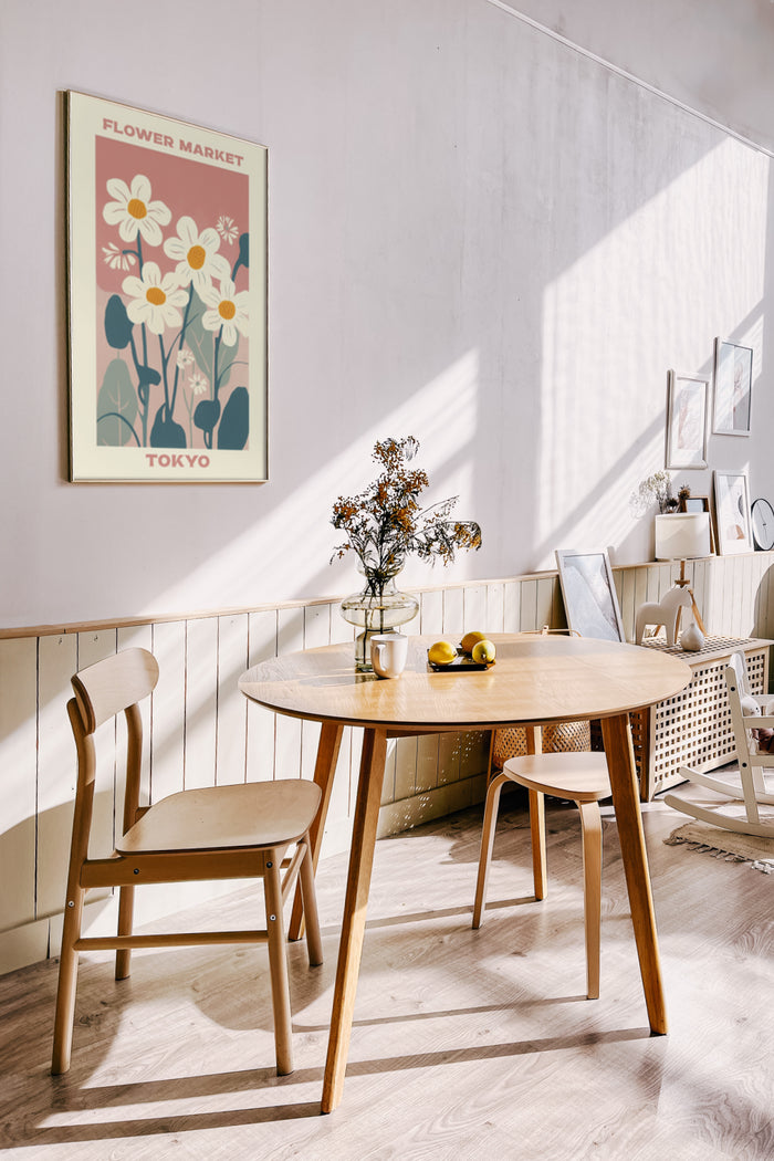Stylish interior design with Tokyo Flower Market poster, wooden dining table, and Scandinavian chairs
