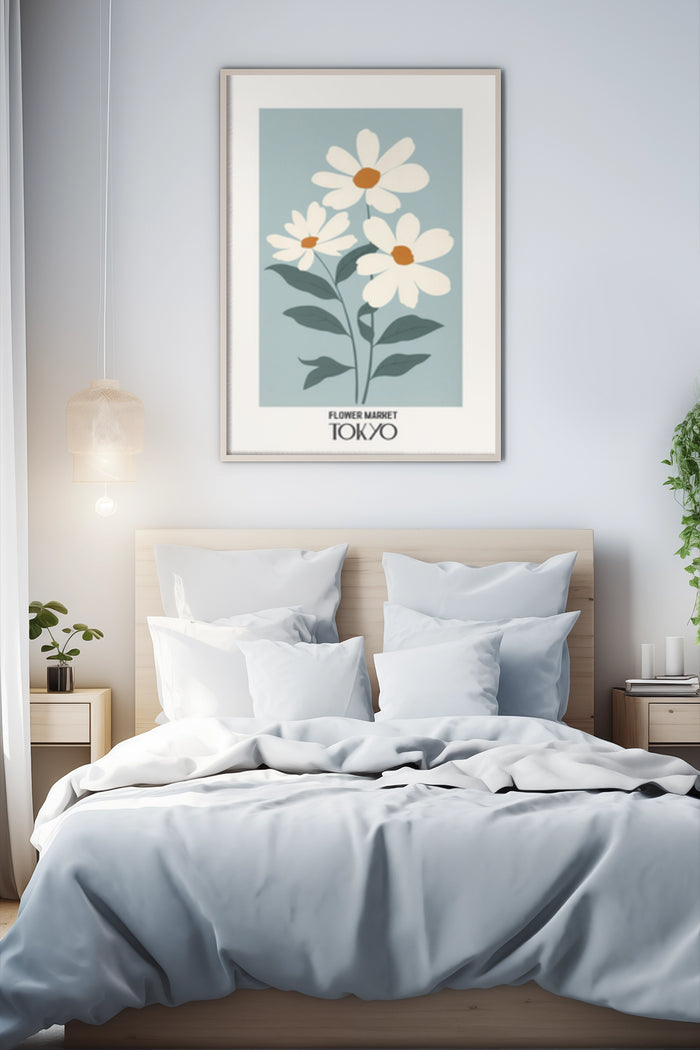 Minimalistic Tokyo Flower Market Poster with White Daisies in a Modern Bedroom Setting
