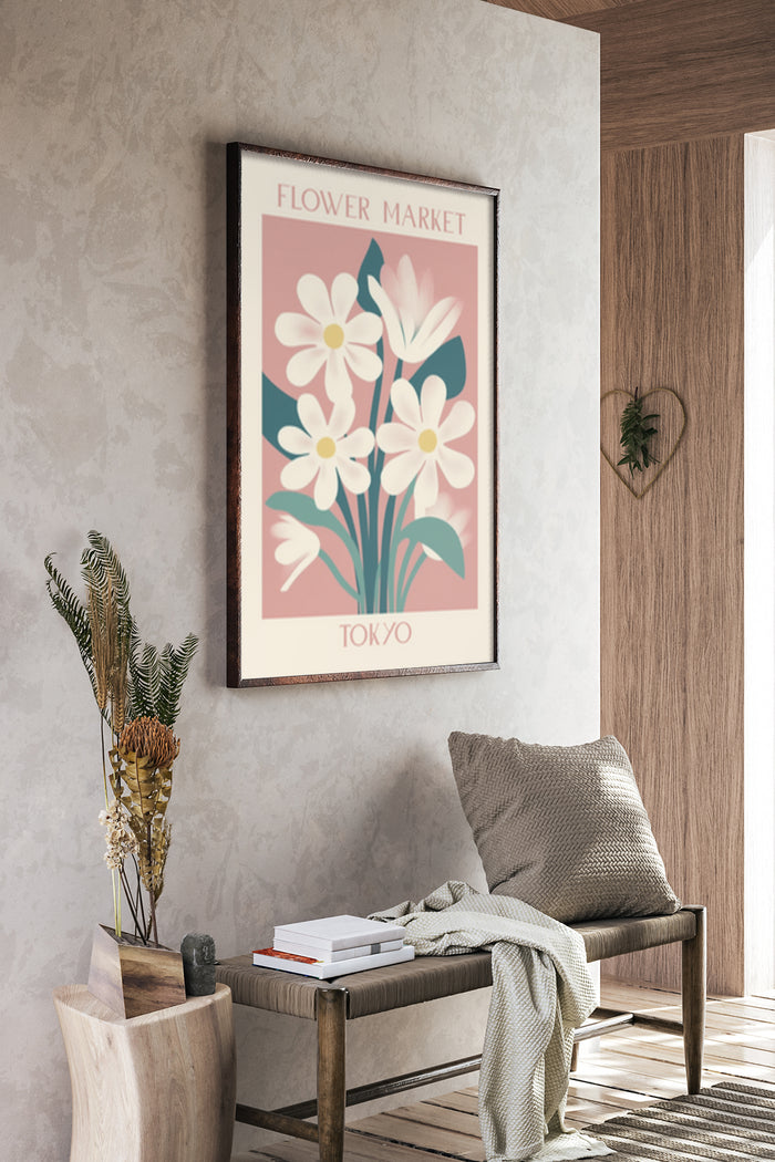 Vintage style Tokyo Flower Market poster with white daisies framed in a cozy interior design setting