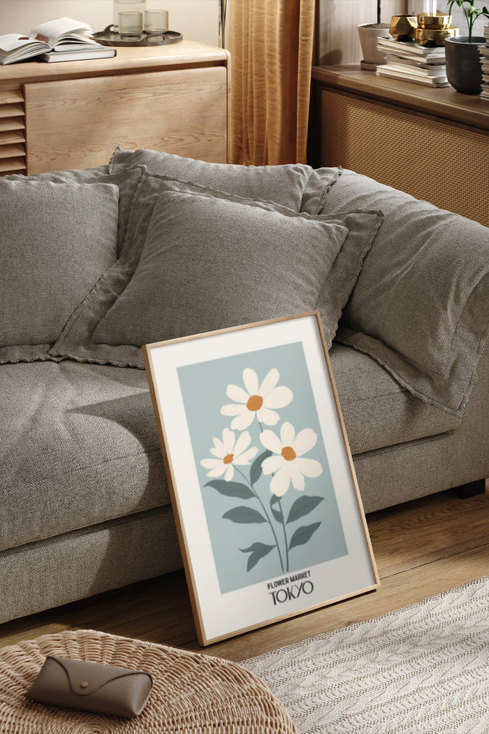 Stylish Tokyo Flower Market Poster with White Daisies in Modern Living Room