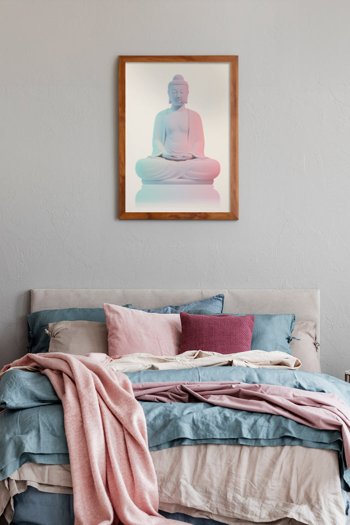Tranquil Buddha Poster in a Cozy Bedroom Setting for Wall Art Decor