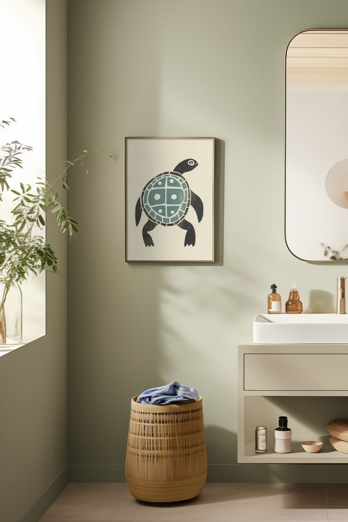 Stylish tribal turtle poster framed in a modern bathroom decor