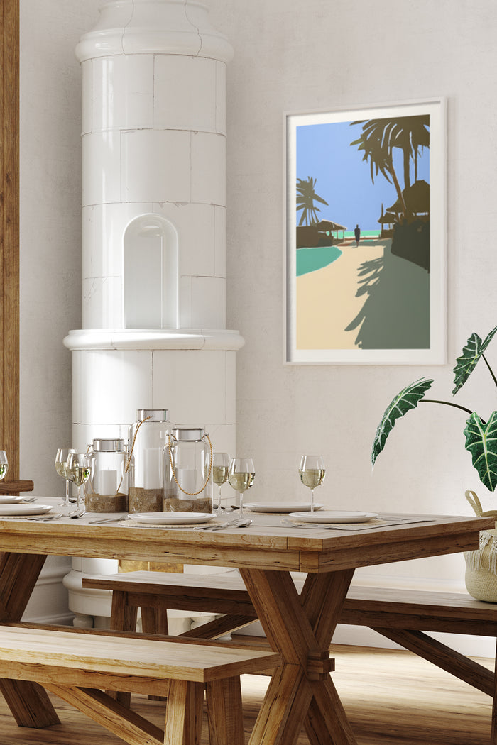 Modern dining room interior with framed tropical beach poster on wall