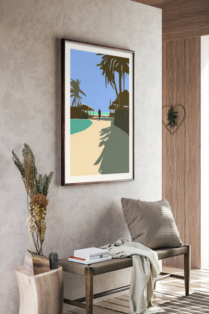 Modern interior with a framed poster of a stylized tropical beach scene artwork