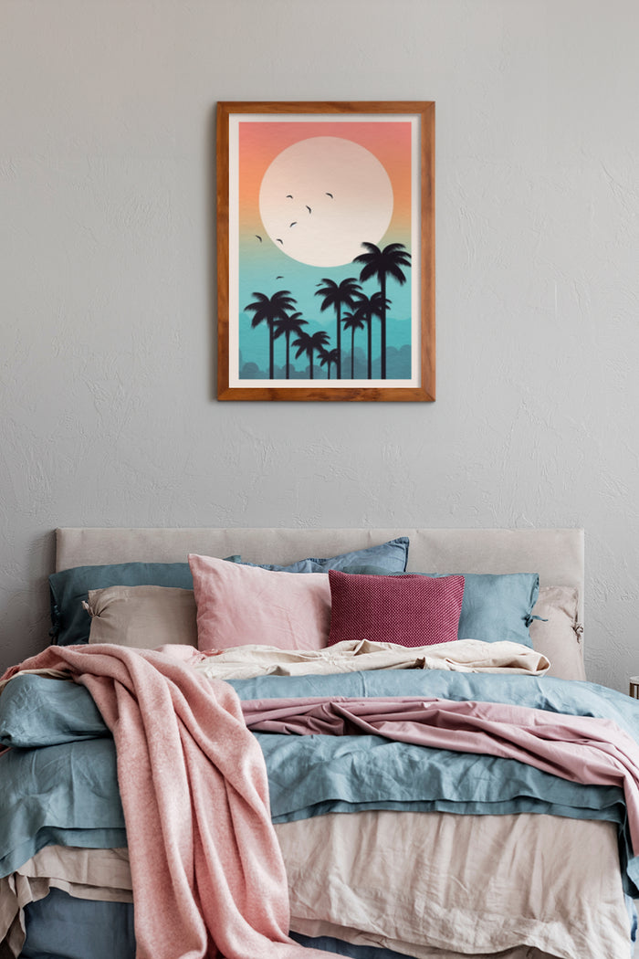 Stylish bedroom with wall-mounted tropical beach sunset art poster featuring palm trees, warm gradient sky and flying birds