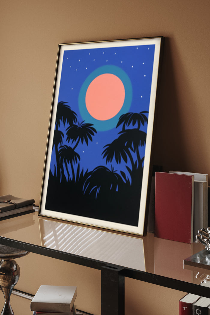 Minimalist tropical beach sunset poster with palm silhouette and stars