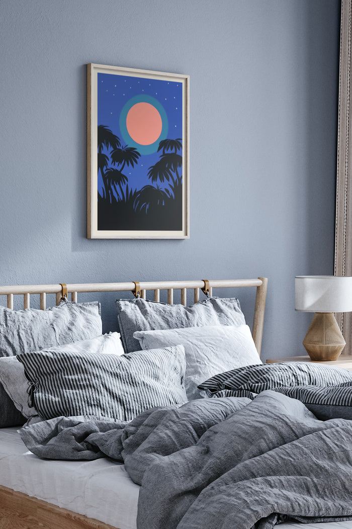 Tropical night poster with palm trees and moon in a modern bedroom setting