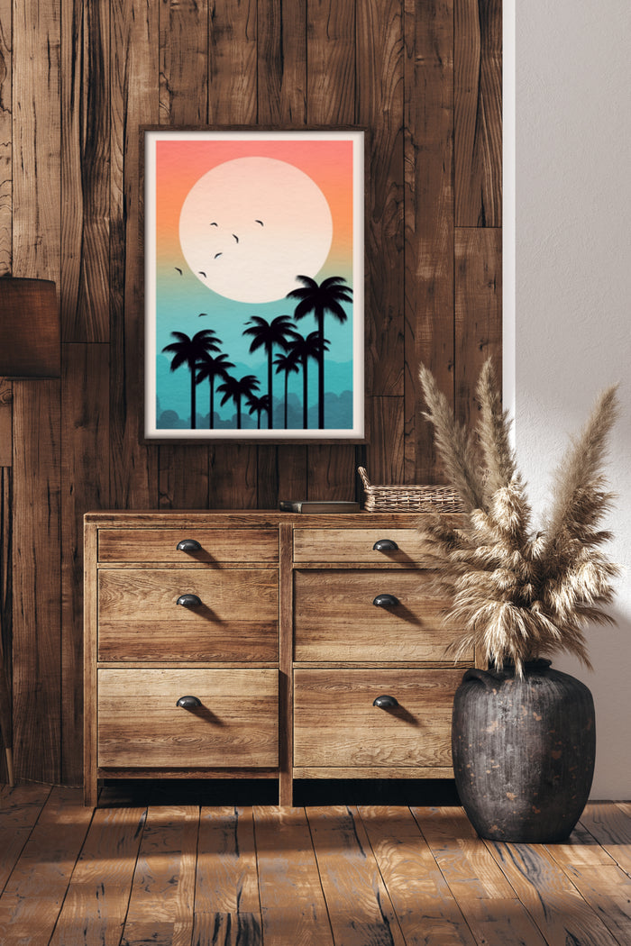 Vibrant tropical sunset with palm trees artwork poster in a stylish interior