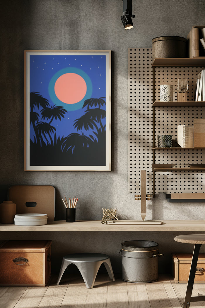 Tropical sunset poster with palm silhouette in stylish room decor setting