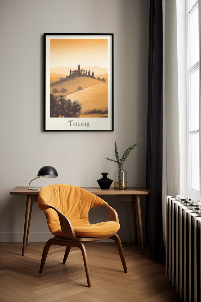 Tuscany landscape poster in a stylish modern interior with orange accent chair