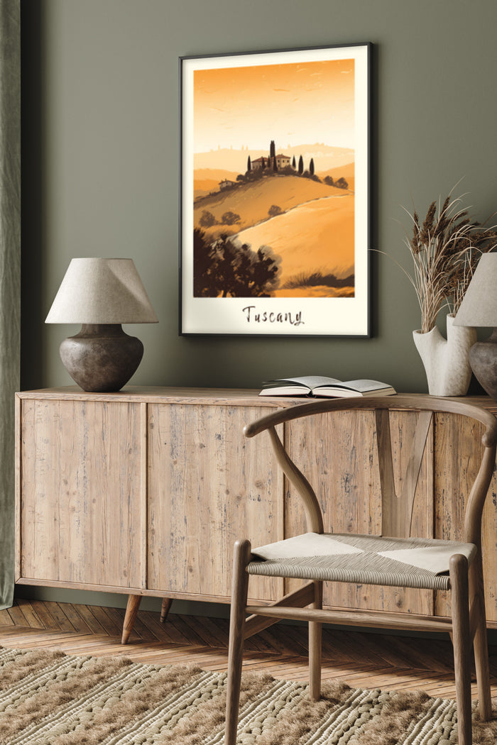 Vintage Tuscany Poster Art in Home Interior with Rustic Furniture