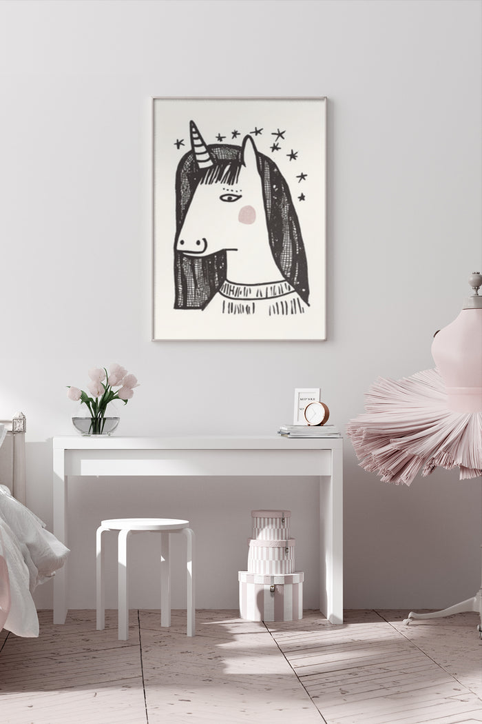 Minimalist unicorn illustration poster hanging above a white console in contemporary bedroom interior design