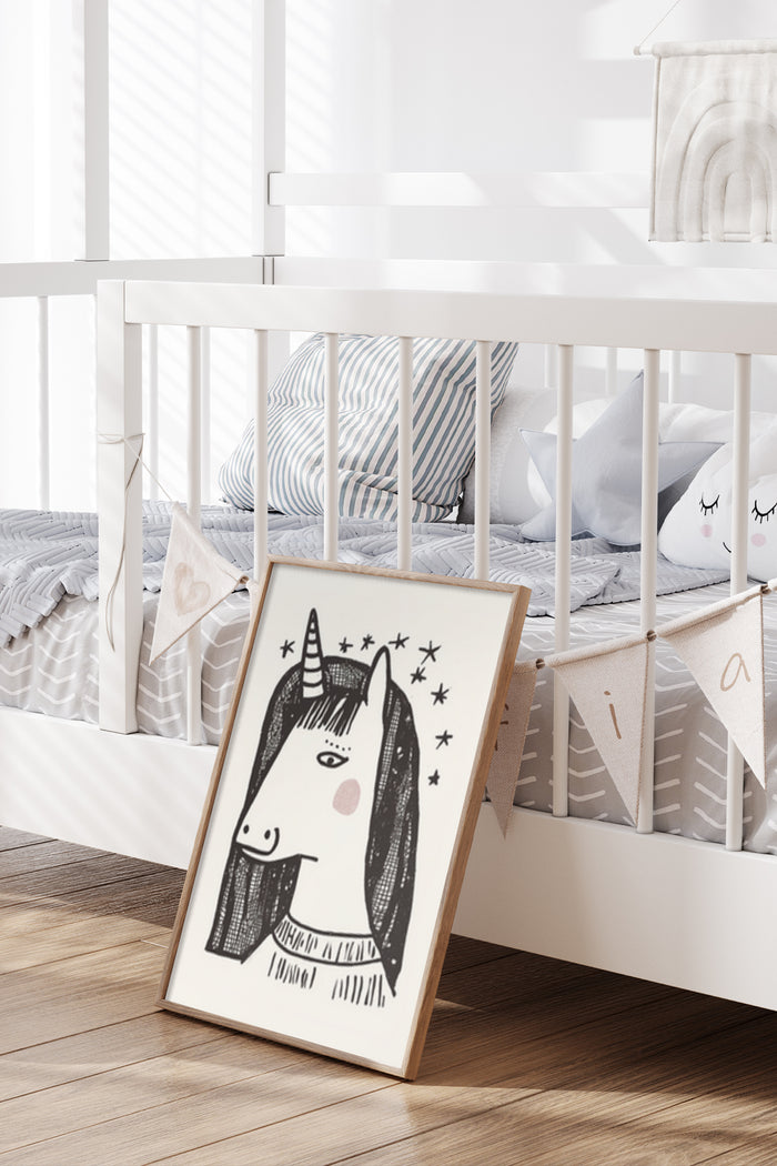 Cute unicorn poster in a cozy nursery room as part of interior decor for children