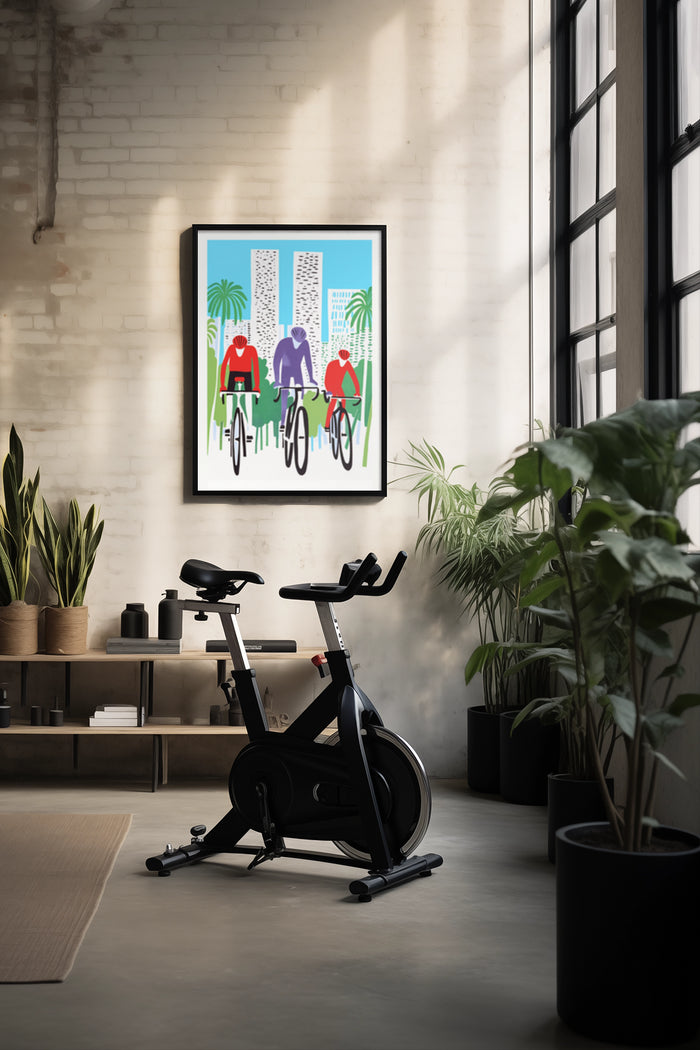 Colorful illustration of urban cyclists on a poster in a stylish room with indoor plants and exercise bike