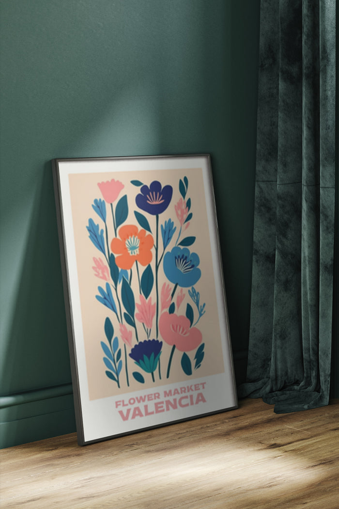 Floral Art Poster Advertisement for Valencia Flower Market in Stylish Home Interior