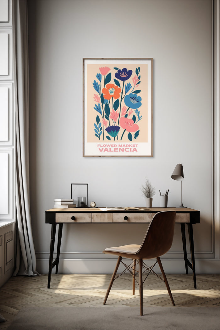Colorful Valencia flower market poster in a modern interior setting