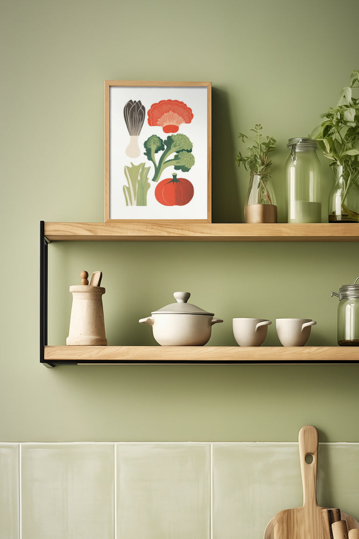 Framed vegetable art print on kitchen shelf with herbs and ceramics