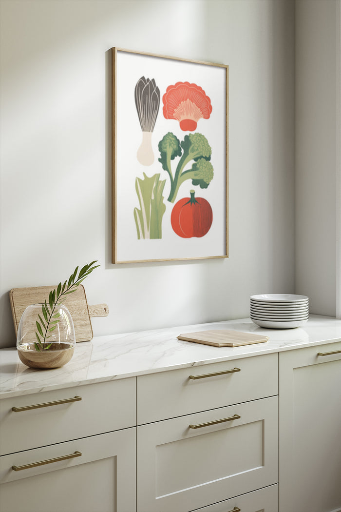 Modern vegetable artwork poster in a kitchen setting with leek, broccoli, tomato, and mushroom illustrations