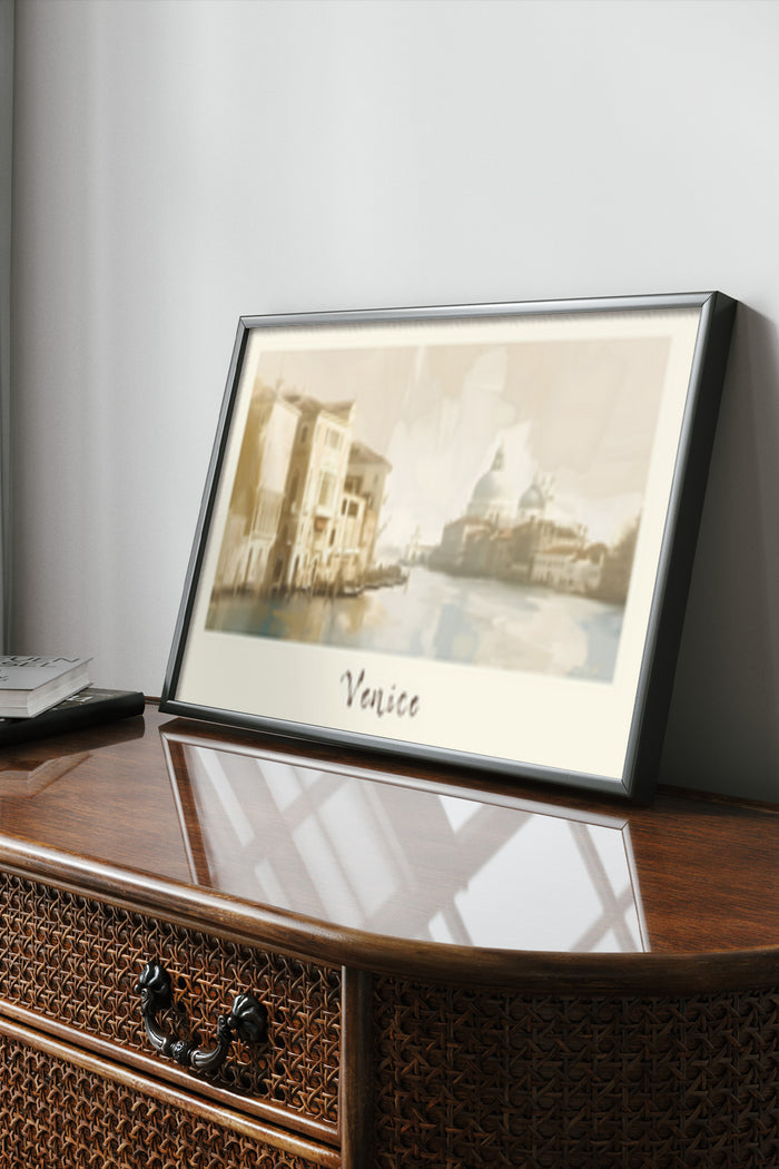 Framed Venice artwork poster on a wooden cabinet in a stylish interior.