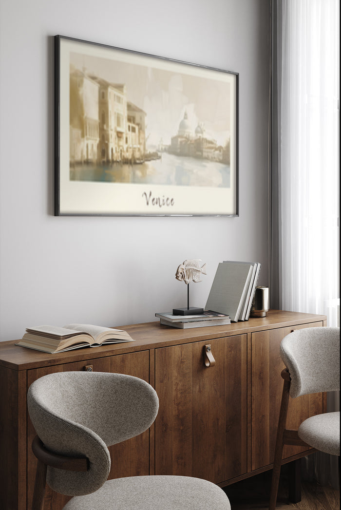Elegant Venice watercolor painting poster displayed in a stylish modern office environment