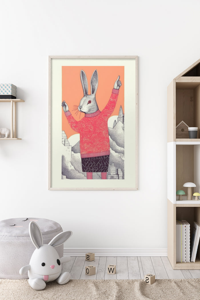 Colorful illustrated bunny raising hand poster framed on a nursery wall