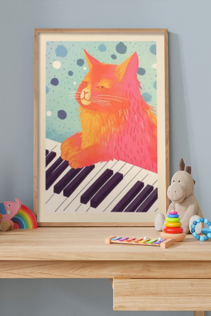 vibrant orange cat with abstract blue dots background playing piano art poster in a room