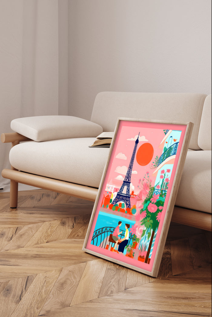Bright and colorful travel poster of Paris featuring the Eiffel Tower, a romantic couple, and blooming flowers