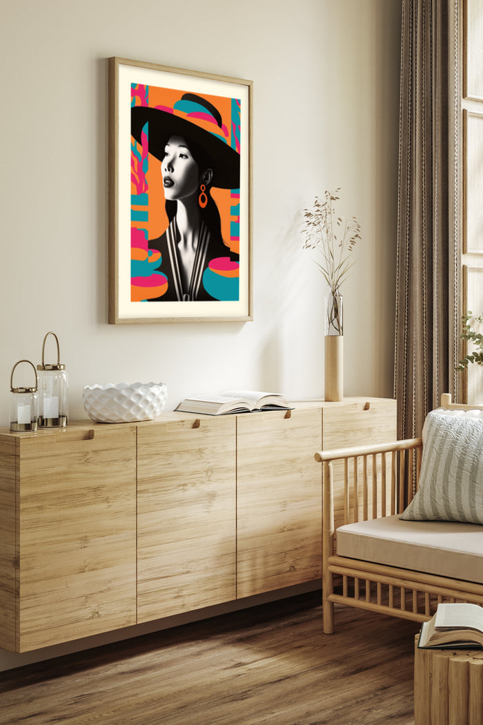 Stylish retro fashion female portrait poster with colorful abstract background, displayed in chic living room setting