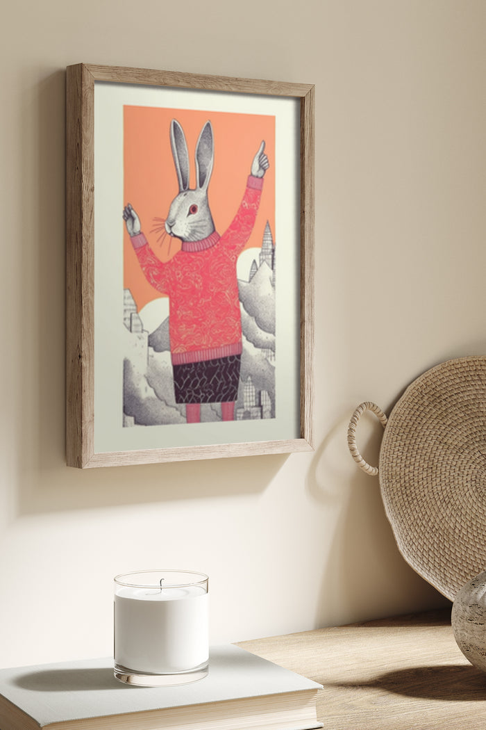 Illustration of a rabbit in a red sweater celebrating victory with a mountainous backdrop, poster framed in wood