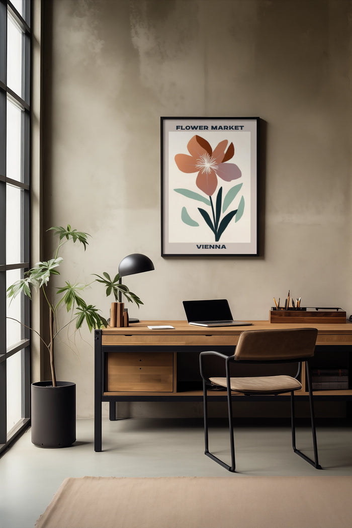 Stylish Vienna Flower Market Poster in a Contemporary Office Setting with Wooden Desk and Laptop