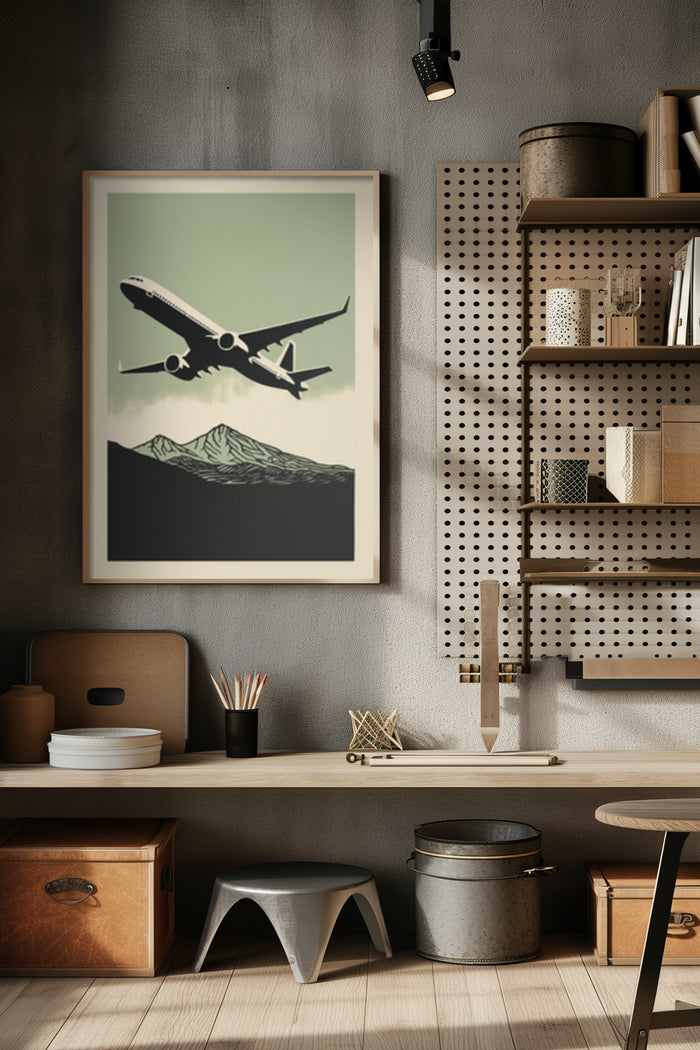 Retro style airline advertisement poster featuring an airplane flying over mountains in a minimalist design