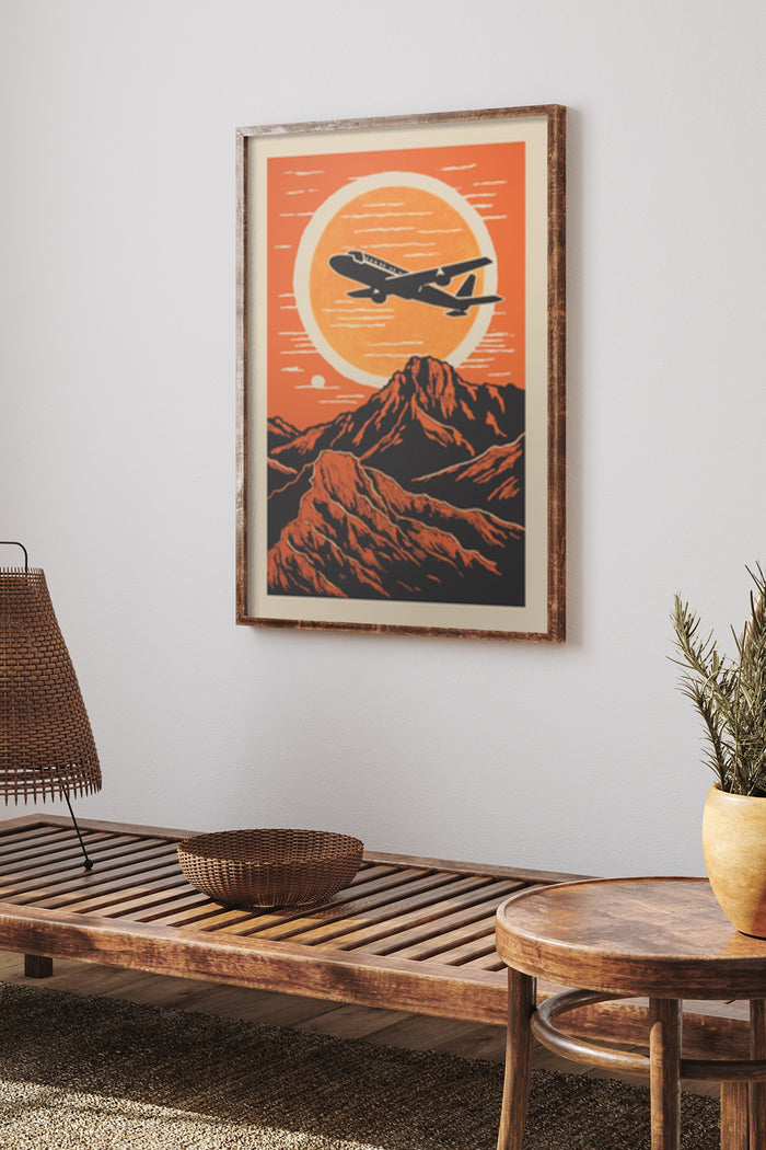 Vintage style poster with an airplane flying over mountains against an orange sky