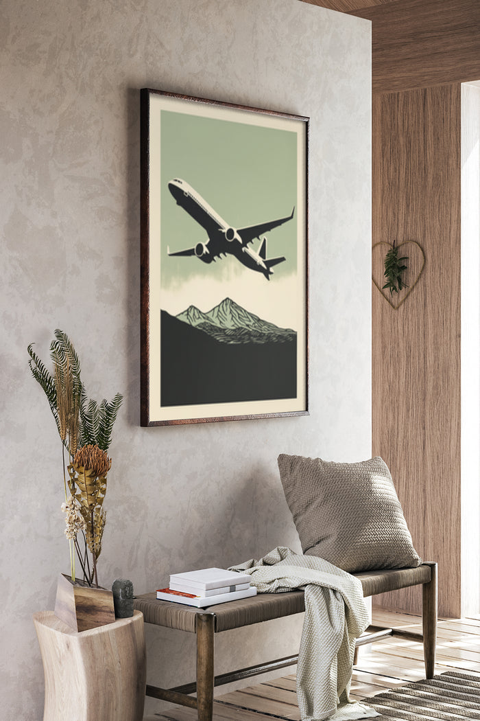 Vintage style poster of an airplane flying over mountains in a modern interior
