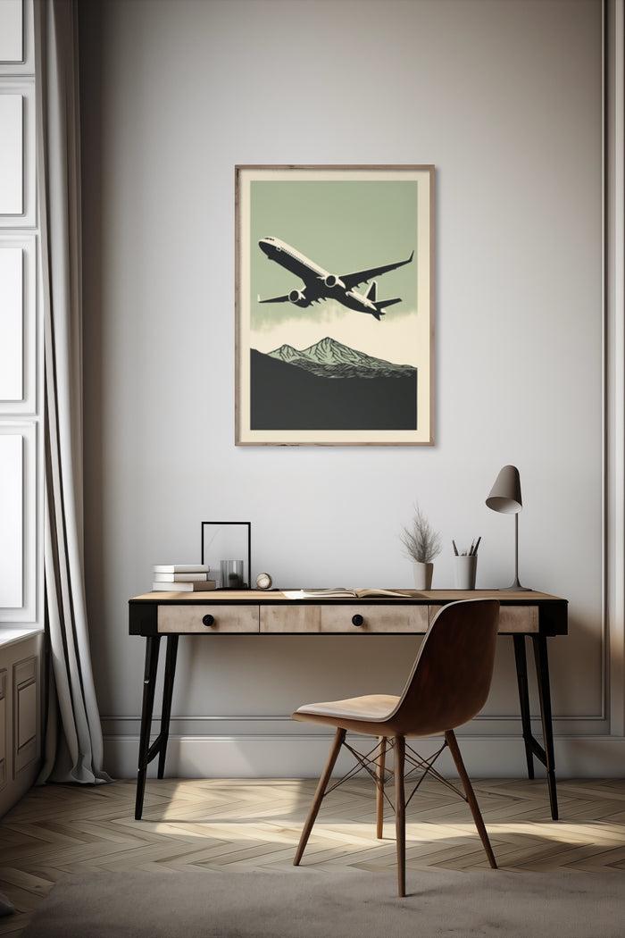 Vintage airplane taking off poster above a modern wooden desk in a stylish interior design setting