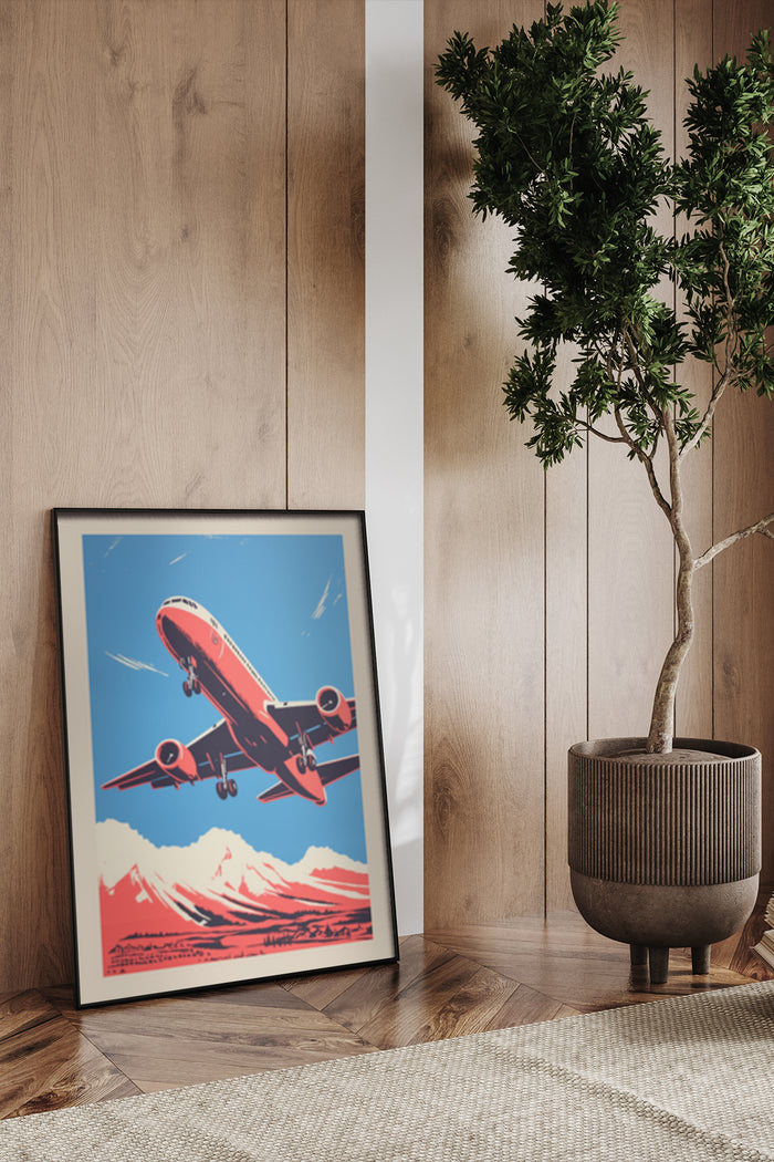 Vintage style airplane poster with mountain landscape advertisement displayed in a modern interior setting