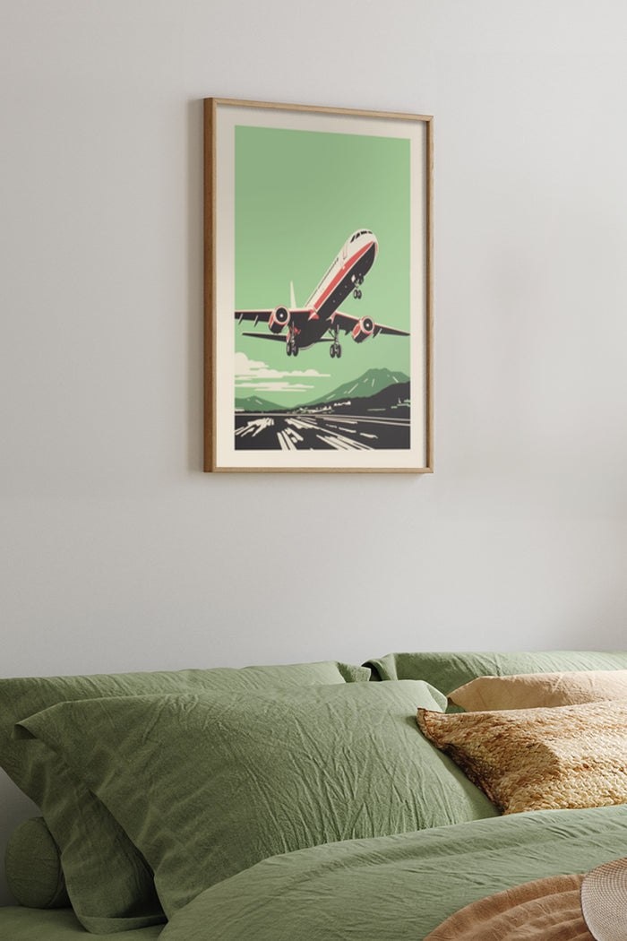 Retro style airplane taking off poster framed on bedroom wall