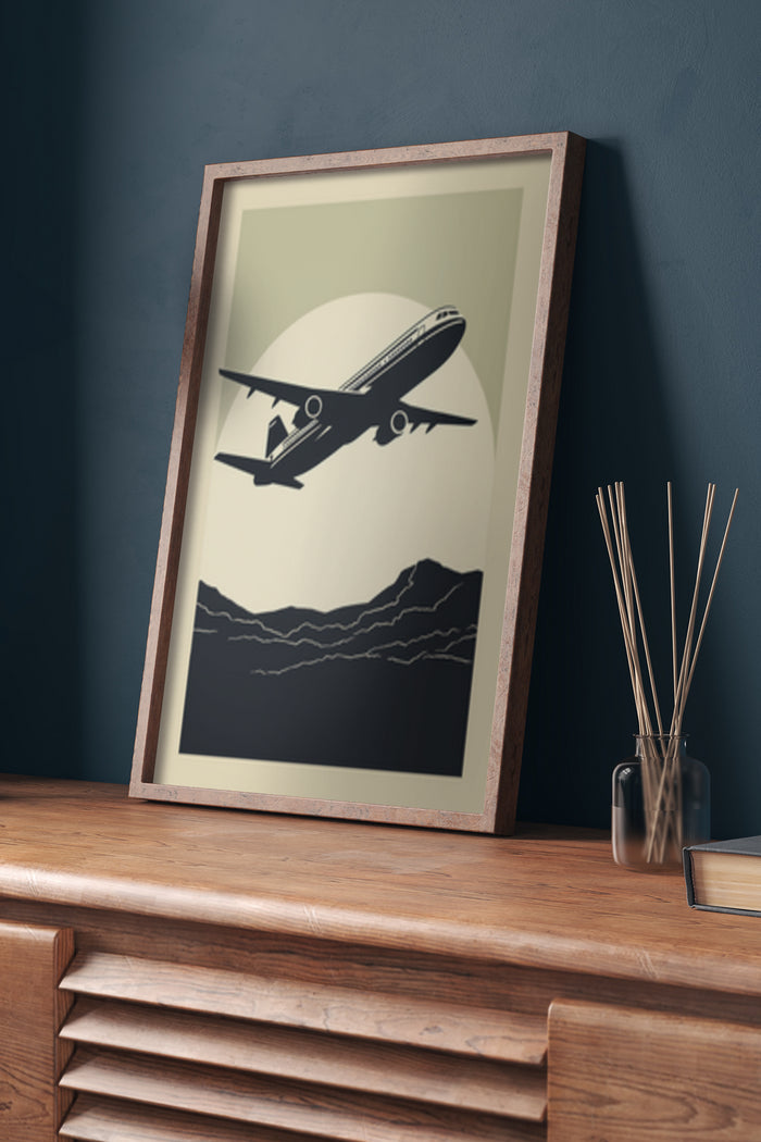 Retro style poster of a vintage airplane taking off above mountains, displayed in a wooden frame on a dresser