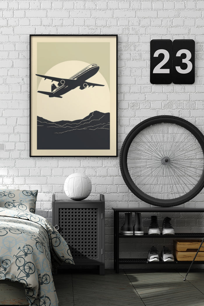 Vintage style airplane poster on bedroom wall for home decor theme
