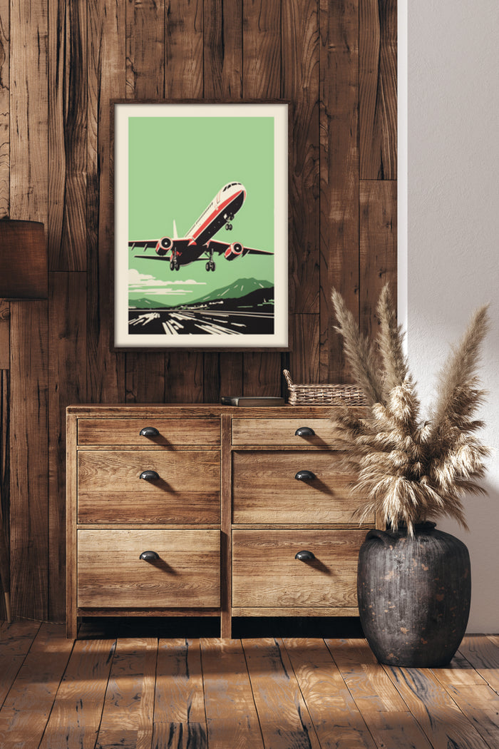 Vintage airplane taking off framed poster on wooden wall in home decor setting