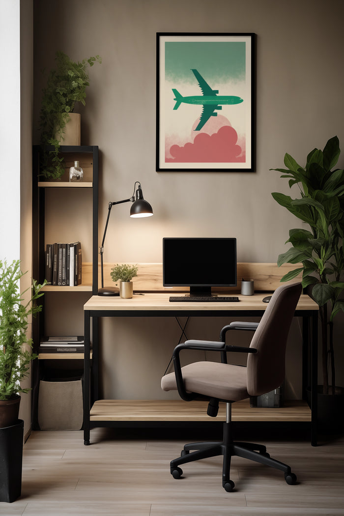 Retro style airplane poster with clouds in home office interior