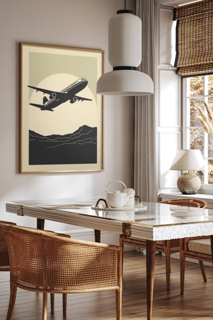 Vintage airplane travel poster in stylish home interior with contemporary furniture and window view