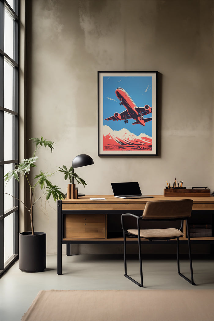 Vintage style airplane poster in modern office interior