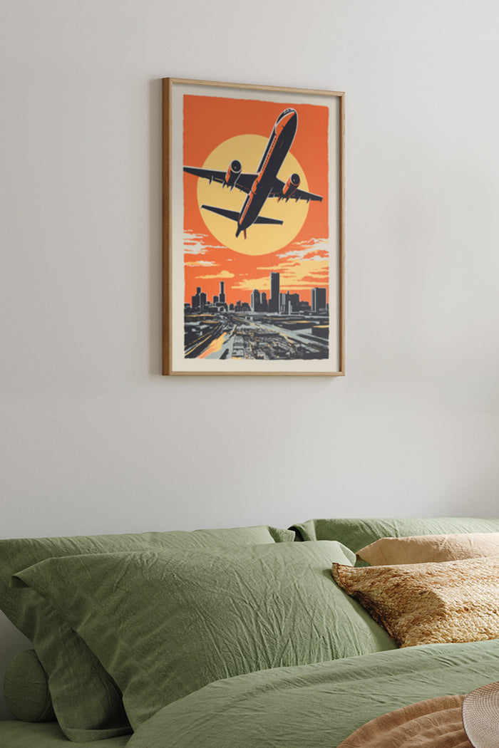 Vintage style travel poster featuring an airplane flying over an urban cityscape against an orange sunset