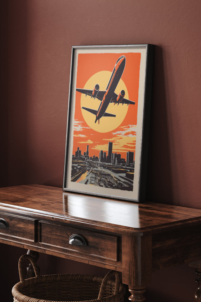 Vintage airplane travel poster with city skyline and sunset